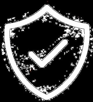 White shield icon with checkmark symbol on black background, representing security, protection, or verification