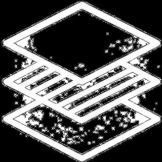 Isometric illustration of stacked layers showing data organization with scattered white dots and horizontal rows on black backgrounds