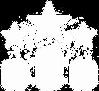 Three white rounded rectangular containers below three white stars with sparkle accents on a black background